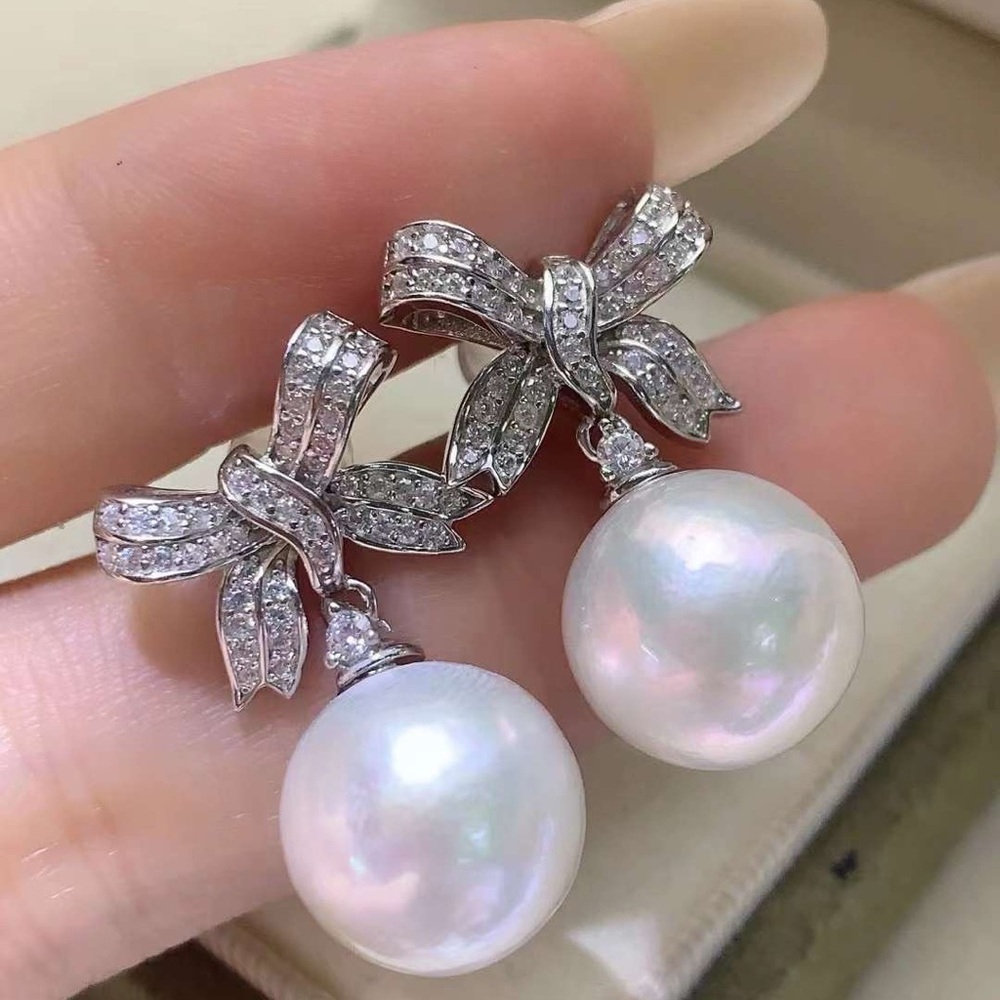Dazzling Silver and White Pearl Bow Earrings set 11-12MM